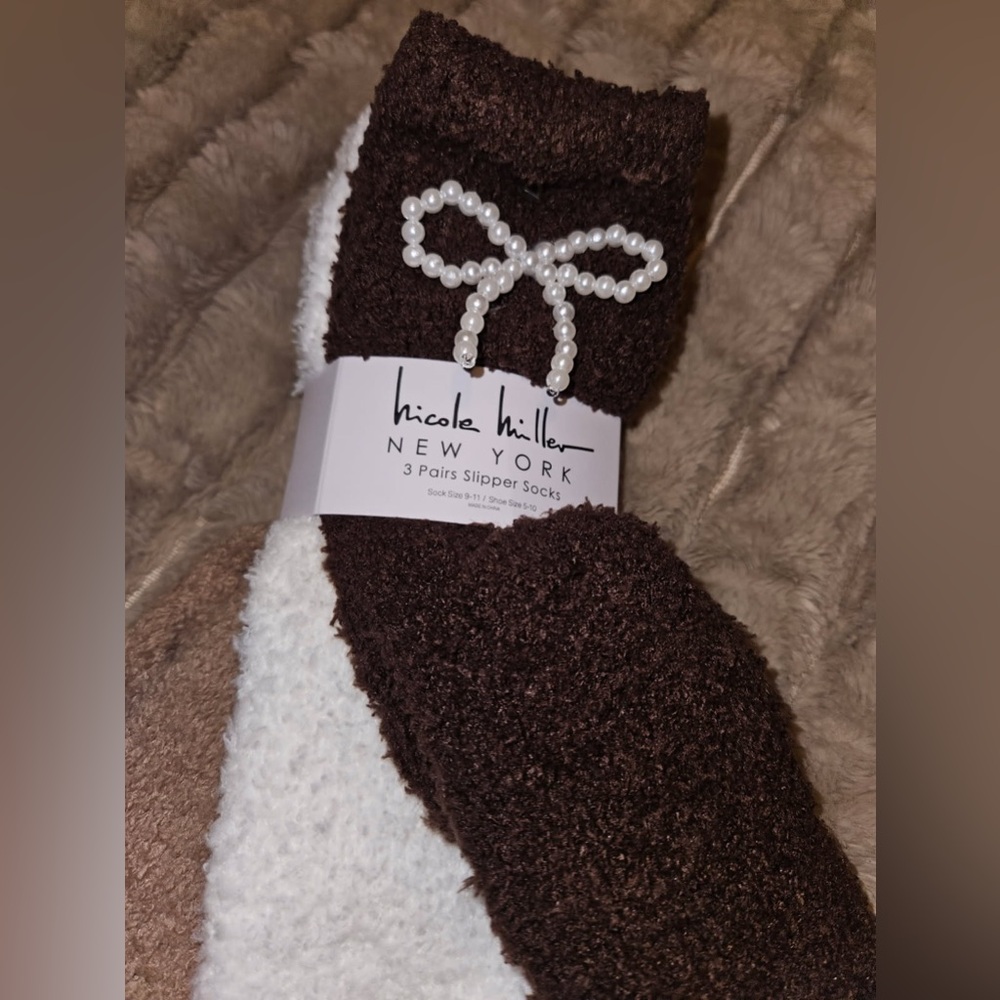 Nicole Miller Brown and White Fuzzy Socks